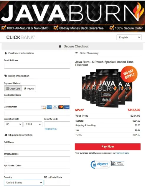 Java Burn checkout page with secure payment options